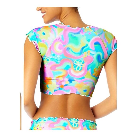 Salt & Cove Printed Lettuce Edge Short Sleeve Swim Top & Bikini Large Retro - Picture 3 of 12